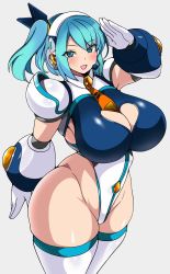 Rule 34 | 1girl, alternate costume, aqua hair, blue eyes, blue hair, bow, breasts, cleavage, clothing cutout, curvy, frozen gingasan, hair bow, headset, heart cutout, highres, huge breasts, leotard, looking at viewer, mega man (series), mega man x (series), mega man x dive, necktie, rico (mega man), salute, solo, tagme, thick thighs, thighhighs, thighs