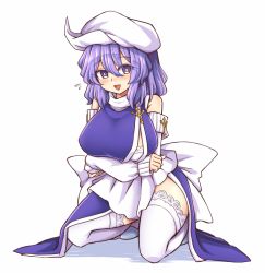 Rule 34 | :d, apron, arm warmers, blush, bra, breasts, commentary, commission, dress, english commentary, flying sweatdrops, hat, kneeling, large breasts, letty whiterock, looking at viewer, medium hair, open mouth, purple dress, purple eyes, purple hair, shoes, simple background, smile, thighhighs, touhou, underwear, waist apron, white apron, white background, white bra, white footwear, white hat, white thighhighs, wool (miwol)
