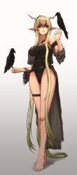 Rule 34 | 1girl, absurdly long hair, arknights, bare legs, bare shoulders, barefoot, bird, blonde hair, breasts, commentary request, crow, feet, from below, full body, grey background, hair between eyes, highres, horns, large breasts, long hair, looking at viewer, official alternate costume, pointy ears, see-through, shining (arknights), shining (silent night) (arknights), simple background, solo, very long hair, white background, yamauchi (conan-comy)