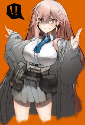 Rule 34 | !, !!, 1girl, ammunition belt, belt, blue necktie, blush, breasts, closed mouth, earrings, ekuesu, feet out of frame, girls&#039; frontline, grey jacket, grey skirt, heart, heart earrings, highres, jacket, jewelry, large breasts, long hair, looking at viewer, mole, mole under eye, neck tattoo, necktie, open clothes, open jacket, orange background, orange eyes, pink hair, salute, shirt, sig mcx (girls&#039; frontline), skirt, smile, solo, standing, tattoo, two-finger salute, white shirt