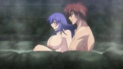 Rule 34 | 1boy, 1girl, animated, animated gif, blue hair, bouncing breasts, breasts, implied sex, kunoichi sakuya, onsen, partially submerged, puffy nipples, purple hair, sakuya (kunoichi sakuya), vaginal