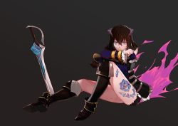 Rule 34 | 1girl, ass, bad id, bad pixiv id, black hair, bloodstained: ritual of the night, blue eyes, brown hair, detached sleeves, df4d/dongfeng 4d, gauntlets, gradient hair, hair between eyes, hair ornament, horns, looking at viewer, miriam (bloodstained), multicolored hair, pale skin, short hair, solo, stained glass, sword, tattoo, weapon