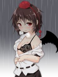 Rule 34 | 1girl, black bra, black skirt, black wings, bra, breasts, brown hair, cleavage, commentary request, hat, lace, lace-trimmed bra, lace trim, looking at viewer, medium breasts, natsu no koucha, off shoulder, rain, red eyes, see-through, shameimaru aya, shirt, short hair, skirt, solo, tokin hat, touhou, underwear, wet, wet clothes, wet hair, white shirt, wings