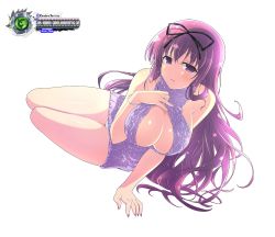 Rule 34 | 1girl, black background, blush, bracelet, breasts, cleavage, cleavage cutout, clothing cutout, dress, hair ribbon, hand on own chest, highres, jewelry, large breasts, long hair, looking at viewer, lying, murasaki (senran kagura), nail polish, open mouth, purple dress, purple eyes, purple hair, ribbon, senran kagura, sleeveless, sleeveless dress, solo