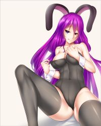 Rule 34 | 1girl, :q, animal ears, bare shoulders, black thighhighs, blue eyes, breasts, cameltoe, cleavage, covered navel, eyebrows, fake animal ears, grabbing, grabbing another&#039;s breast, grabbing own breast, hairband, heart, heart-shaped pupils, heterochromia, highres, knee up, large breasts, leotard, long hair, looking at viewer, original, playboy bunny, pulling own clothes, purple eyes, purple hair, rabbit ears, raised eyebrows, red eyes, red theme, self-upload, sideboob, simple background, sitting, smile, solo, strapless, symbol-shaped pupils, thighhighs, tongue, tongue out, tony guisado, very long hair, wrist cuffs