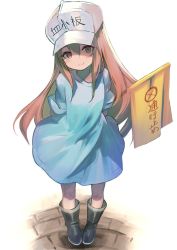 Rule 34 | 1girl, blue shirt, boots, brown eyes, brown hair, commentary request, flag, flat cap, fuyouchu, hair between eyes, hat, hataraku saibou, headwear writing, long hair, looking at viewer, platelet (hataraku saibou), shaded face, shirt, short sleeves, simple background, smile, solo, white background, white hat