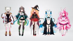 Rule 34 | 5girls, ahoge, akugaki koa, asymmetrical legwear, bikini, blue eyes, blue hair, blush, breasts, brown hair, cuffs, demon wings, detached sleeves, dress, feet, fishnets, flat chest, full body, gradient clothes, grey background, hat, heels, heterochromia, horns, idol corp, jacket, lalabell lullaby, large breasts, leg warmers, light blue hair, long hair, medium breasts, meica (vtuber), multicolored hair, multiple girls, navel, orange hair, pink eyes, pink hair, red eyes, ribbon, ruby runeheart, serious, shackles, shoes, short hair, shorts, size difference, small breasts, smile, swimsuit, taiga toragami, tail, thighhighs, two-tone hair, virtual youtuber, white bikini, white hair, wings, witch hat