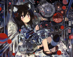 Rule 34 | 1girl, animal ears, black hair, cat ears, cat tail, hand fan, fireworks, hair ornament, holding, japanese clothes, kimono, long hair, looking at viewer, original, paper fan, paprika shikiso, red eyes, sitting, smile, solo, tail, uchiwa, yukata