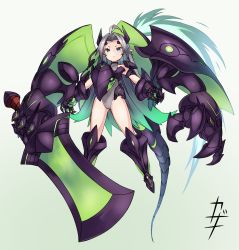 Rule 34 | 1girl, :&lt;, ahoge, bare shoulders, blue eyes, blush, closed mouth, collarbone, commentary request, covered collarbone, gradient background, gradient hair, green background, green hair, grey background, grey hair, grey leotard, groin, highres, horns, huge weapon, kazana (sakuto), leotard, long hair, looking at viewer, mecha musume, multicolored hair, original, parted bangs, purple footwear, solo, tail, v-shaped eyebrows, very long hair, weapon