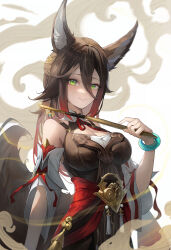 Rule 34 | 1girl, absurdres, animal ears, bare shoulders, bracelet, breasts, brown dress, brown hair, cleavage, cleavage cutout, closed mouth, clothing cutout, commentary, detached sleeves, dress, english commentary, fox ears, fox girl, fox tail, gradient hair, green eyes, hair between eyes, hand up, highres, holding, honkai: star rail, honkai (series), jewelry, large breasts, long hair, looking at viewer, multicolored hair, red hair, sleeveless, sleeveless dress, smile, solo, tail, tingyun (honkai: star rail), white sleeves, yonesdraws