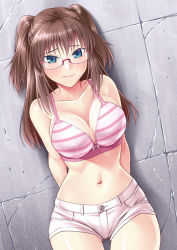 Rule 34 | 1girl, against wall, arms behind back, blue eyes, blush, bow, bow bra, bra, breasts, brown hair, cleavage, collarbone, cowboy shot, glasses, imada kozue, large breasts, long hair, looking at viewer, navel, no shirt, original, pink bra, rimless eyewear, short shorts, shorts, solo, striped bra, striped clothes, thigh gap, two side up, underwear