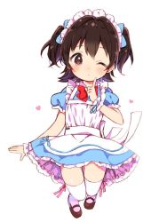 Rule 34 | 1girl, akagi miria, apron, black footwear, blush, bow, bowtie, brown hair, caracorn, commentary request, frilled apron, frilled skirt, frills, hair bow, heart, idolmaster, idolmaster cinderella girls, index finger raised, jumping, maid, maid apron, maid headdress, medium hair, one eye closed, pink ribbon, puffy short sleeves, puffy sleeves, ribbon, short sleeves, skirt, thighhighs, twintails, two side up, white background, white thighhighs, wristband