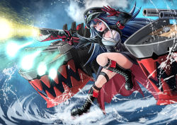 Rule 34 | 1girl, :d, armband, azur lane, black footwear, black hair, blue eyes, boots, cannon, commentary request, cross, cross-laced footwear, deutschland (azur lane), full body, gun, highres, iron cross, kakato, mechanical hands, multicolored hair, ocean, open mouth, outdoors, platform boots, platform footwear, red hair, rigging, sharp teeth, smile, solo, standing, standing on liquid, streaked hair, teeth, thigh boots, water, waves, weapon, white hair