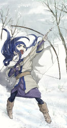Rule 34 | 1girl, absurdres, ainu, ainu clothes, arrow (projectile), asirpa, bandana, blue bandana, blue eyes, blue hair, boots, bow (weapon), cape, drawing bow, earrings, fur boots, fur cape, golden kamuy, highres, holding, holding bow (weapon), holding weapon, hoop earrings, jewelry, long hair, open mouth, outdoors, shouting, snow, solo, v (tit mzmz), weapon, winter