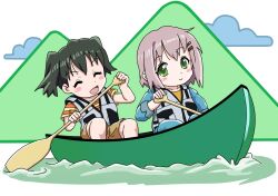 2girls black_hair blush canoe chibi closed_mouth cloud day dot_nose green_eyes grey_hair hair_ornament hairclip high-visibility_clothing high-visibility_vest holding holding_oar kuraue_hinata long_hair mountain multiple_girls oar open_mouth outdoors scenery short_hair short_sleeves shorts simple_background sitting sky smile su6546age water white_background yama_no_susume yukimura_aoi