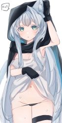 Rule 34 | 1girl, absurdres, animal ear fluff, animal ears, arknights, arm up, black cloak, black panties, blush, cat ears, chunta, cloak, clothes lift, commentary request, dress, dress lift, green eyes, grey hair, groin, highres, hood, hood up, hooded cloak, lifting own clothes, long hair, looking at viewer, panties, panty pull, parted lips, rosmontis (arknights), simple background, solo, translation request, underwear, very long hair, wet, white background, white dress