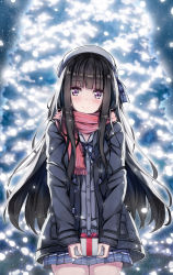 Rule 34 | 1girl, 90i, bad id, bad pixiv id, black hair, blue skirt, blunt bangs, blush, buttons, cardigan, christmas, christmas lights, christmas tree, coat, commentary request, cowboy shot, duffel coat, gift, glowing, hat, highres, holding, jacket, lights, long hair, long sleeves, looking at viewer, original, outdoors, pink scarf, plaid, plaid ribbon, plaid skirt, pleated skirt, purple eyes, ribbon, scarf, school uniform, skirt, smile, solo, uniform