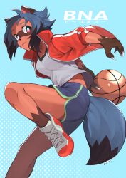 Rule 34 | 1girl, absurdres, animal ears, arm behind back, ball, basketball, basketball (object), black hair, blue background, blue hair, body fur, brand new animal, breasts, brown fur, collarbone, commentary request, from side, full body, furry, furry female, gym shorts, highres, jacket, kagemori michiru, kameno sachi, knee up, looking at viewer, medium breasts, multicolored hair, open clothes, open jacket, open mouth, pink eyes, polka dot, polka dot background, raccoon ears, raccoon girl, raccoon tail, red jacket, shirt, shoes, short hair, short shorts, shorts, smile, sneakers, solo, sportswear, tail, track jacket, two-tone hair, white shirt