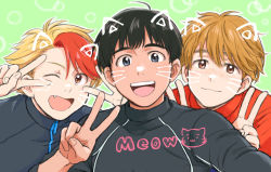 Rule 34 | 3boys, :d, ;d, animal ears, black hair, blonde hair, brown eyes, brown hair, cat ears, double v, english text, fang, freckles, grey eyes, jacket, ji guang-hong, male focus, minami kenjirou, multicolored hair, multiple boys, one eye closed, open mouth, phichit chulanont, red hair, selfie, smile, takeshi (mononohu20), track jacket, two-tone hair, upper body, v, v over eye, whiskers, yuri!!! on ice