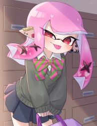 Rule 34 | 1girl, :p, amakusa setoka, bag, commentary request, dot nose, ear piercing, eyelashes, highres, holding, holding bag, indoors, inkling, inkling girl, inkling player character, long hair, looking at viewer, nintendo, piercing, pink hair, pleated skirt, pointy ears, purple bag, red eyes, skirt, solo, splatoon (series), standing, tentacle hair, tongue, tongue out, v-shaped eyebrows