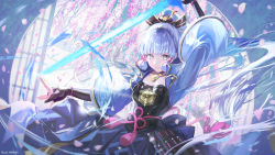 Rule 34 | 1girl, arm up, armor, ayaka (genshin impact), black gloves, blue eyes, blue hair, blue jacket, blue skirt, breastplate, closed mouth, commentary, elbow gloves, genshin impact, gloves, haruri, high ponytail, highres, jacket, long hair, long sleeves, looking at viewer, partially fingerless gloves, petals, pleated skirt, ponytail, round window, skirt, smile, solo, tree, very long hair, wide sleeves, window
