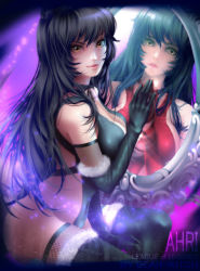 Rule 34 | 2girls, ahri (league of legends), ass, bare shoulders, bearwitch, black gloves, black hair, black legwear, breasts, christmas, cleavage, dark persona, dress, elbow gloves, facial mark, fishnets, gloves, hair between eyes, highres, large breasts, league of legends, lips, long hair, looking at viewer, magic, mirror, multiple girls, navel, red dress, sideboob, sitting, thighhighs, trapped, very long hair, whisker markings, yellow eyes