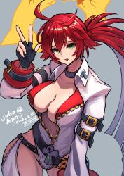 Rule 34 | 1girl, absurdres, alternate costume, alternate hairstyle, ankh, ap cammy, belt, bodysuit, breasts, cleavage, spiked halo, gloves, green eyes, guilty gear, guilty gear strive, halo, highres, jack-o&#039; valentine, large breasts, long hair, looking at viewer, multicolored hair, multiple belts, red hair, solo, two-tone hair, white bodysuit, white hair