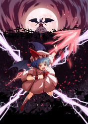 Rule 34 | 2girls, absurdres, ascot, bat wings, blue dress, blue hair, bow, cross, dress, fangs, frilled sleeves, frills, from behind, full moon, glowing, hat, hat ribbon, highres, holding, holding weapon, kneehighs, looking at viewer, mob cap, moon, multiple girls, multiple persona, open mouth, outstretched arms, pink dress, puffy short sleeves, puffy sleeves, red bow, red eyes, remilia scarlet, ribbon, short hair, short sleeves, socks, spear the gungnir, touhou, uzura purin, weapon, wings, wrist cuffs