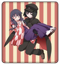 Rule 34 | 2girls, alternate costume, black cape, black eyes, black gloves, black hair, black jacket, black pants, blush, brown footwear, cape, carrying, gloves, hammer (sunset beach), hat, highres, jacket, japanese clothes, kanbaru suruga, long hair, long skirt, long sleeves, looking at viewer, looking down, low twintails, monogatari (series), multiple girls, oshino ougi, pants, parted lips, princess carry, purple hair, red background, red eyes, sandals, shoes, short hair, skirt, smile, socks, striped, striped background, sweatdrop, twintails, two-tone background, v-shaped eyebrows, white legwear, wide sleeves, yellow background