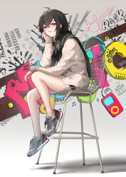 Rule 34 | 1girl, absurdres, ahoge, arm support, bare legs, black hair, black shorts, cape, chair, commentary, commentary request, digital media player, drum, drumsticks, electric guitar, english text, fang, full body, gradient background, graffiti, green cape, guitar, hand on own face, hand on own knee, hand up, hanging legs, headphones, highres, instrument, ipod, keyboard (instrument), lightning bolt symbol, looking at viewer, medium hair, messy hair, mohawk, musical note, on chair, open mouth, original, red eyes, shoes, shorts, sidelocks, sitting, skin fang, sneakers, solo, tongue, zoooyt