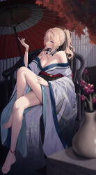 Rule 34 | 1girl, absurdres, anklet, bakemonsou, bare shoulders, blonde hair, blue eyes, blush, breasts, cleavage, commission, floral print, flower, genshin impact, hair between eyes, hair ornament, highres, holding, holding smoking pipe, japanese clothes, jean (genshin impact), jewelry, kimono, large breasts, long hair, long sleeves, parasol, pixiv commission, ponytail, sash, sidelocks, smoking pipe, solo, thighs, umbrella, wide sleeves