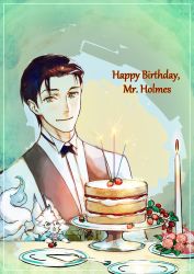 Rule 34 | 1boy, black hair, bow, bowtie, cake, candle, commentary request, fate/grand order, fate (series), flower, food, formal, fou (fate), fruit, green eyes, highres, looking at viewer, male focus, plate, sherlock holmes (fate), short hair, smile, solo, strawberry, strawberry shortcake, vest, yamanaka kotetsu