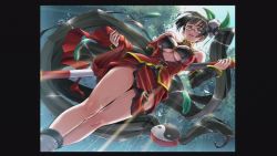 Rule 34 | 1girl, arc system works, black hair, blazblue, blazblue: calamity trigger, breasts, china dress, chinese clothes, cleavage, cleavage cutout, clothing cutout, dress, glasses, lao jiu, large breasts, litchi faye ling, long hair, panda, ponytail, red eyes, smile, solo, staff, very long hair
