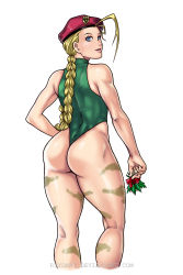 Rule 34 | 1girl, ahoge, antenna hair, ass, beret, blonde hair, blue eyes, bodypaint, braid, cammy white, camouflage, christmas, cowboy shot, from behind, hand on own hip, hat, highres, holly, huge ahoge, kneepits, leotard, light smile, long hair, looking back, mistletoe, muscular, muscular female, nose, parted lips, r3ydart, scar, simple background, solo, street fighter, thick thighs, thighs, thong leotard, toned, twin braids