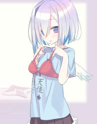 Rule 34 | 1girl, :d, amane kanata, black skirt, blade (galaxist), blue hair, blue shirt, blush, bob cut, bow, bow bra, bra, bra over clothes, clothes writing, colored inner hair, commentary request, frilled skirt, frills, grey hair, hair between eyes, hands up, hololive, mini wings, multicolored hair, open mouth, pleated skirt, red bra, red eyes, shirt, short sleeves, single hair intake, skirt, smile, solo, two-tone hair, underwear, virtual youtuber, white wings, wings