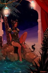 Rule 34 | 10s, 1girl, animal ears, anklet, artist name, barefoot, brown hair, cat ears, cat tail, cleavage cutout, clothing cutout, dark skin, dark-skinned female, earrings, final fantasy, final fantasy xiv, full body, highres, jewelry, lantern, lily pad, miqo&#039;te, momo-deary, signature, sitting, sky, solo, star (sky), starry sky, tail, tree, yellow eyes