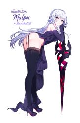 Rule 34 | 1girl, artist name, ass, bare shoulders, blue eyes, blush, breasts, closed mouth, commentary request, commission, dress, elbow gloves, elesis (elsword), elsword, full body, garter straps, gloves, hair ornament, high heels, highres, long hair, looking at viewer, looking back, mal poi, medium breasts, panties, purple dress, purple footwear, purple gloves, purple high heels, purple panties, simple background, smile, solo, sword, thighhighs, thighs, underwear, weapon, white background, white hair