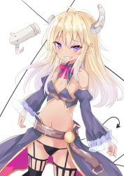 Rule 34 | 1girl, ahoge, black panties, black thighhighs, blonde hair, blue sleeves, blush, breasts, broken horn, cleavage, commentary request, curled horns, demon girl, demon horns, demon tail, detached collar, detached sleeves, frilled sleeves, frills, garter straps, grin, hair between eyes, highres, hizaka, horns, lilith (machikado mazoku), long hair, machikado mazoku, navel, panties, pointy ears, purple eyes, revealing clothes, see-through, small breasts, smile, solo, statue, tail, thighhighs, underwear, very long hair, white background