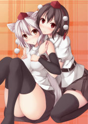 Rule 34 | 2girls, absurdres, animal ears, ass, bare shoulders, belt, black hair, blush, breasts, brown eyes, gauntlets, hat, hat ribbon, highres, hug, hug from behind, inubashiri momiji, knees together feet apart, large breasts, multiple girls, nicoby, pom pom (clothes), puffy short sleeves, puffy sleeves, red eyes, ribbon, shameimaru aya, shirt, short sleeves, silver hair, sitting, skirt, smile, tail, thighhighs, thighs, tokin hat, touhou, wariza, wolf ears, wolf tail, zettai ryouiki