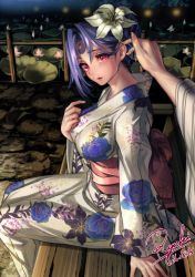 Rule 34 | 10s, 1girl, 2016, artist name, bench, breasts, crescent, crescent facial mark, dated, facial mark, floral print, flower, hair flower, hair ornament, tucking hair, half updo, hand on own chest, highres, japanese clothes, kimono, large breasts, lily (flower), looking at viewer, lotus, obi, original, outstretched arm, parted bangs, parted lips, pov, purple hair, red eyes, ryuki@maguro-ex, sash, signature, sitting, solo focus, water, yukata