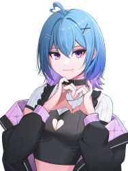 Rule 34 | 1girl, absurdres, ahoge, black collar, black jacket, blue hair, cleavage cutout, closed mouth, clothing cutout, collar, commentary request, debi, hair between eyes, hair ornament, hairclip, heart, heart cutout, heart hands, highres, indie virtual youtuber, jacket, jacket partially removed, long hair, looking at viewer, multicolored clothes, multicolored hair, multicolored jacket, purple eyes, purple hair, purple jacket, short sleeves, simple background, smile, solo, two-sided fabric, two-sided jacket, two-tone jacket, upper body, virtual youtuber, wananaki rero, white background, x hair ornament