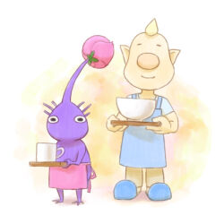 Rule 34 | 1boy, alternate costume, apron, back bow, big nose, black eyes, blonde hair, blue apron, blue footwear, blue shirt, blue sleeves, bow, bowl, brown pants, bud, closed eyes, closed mouth, colored skin, commentary request, cup, holding, holding tray, louie (pikmin), male focus, mug, naru (wish field), nintendo, no mouth, pants, pikmin (creature), pikmin (series), pink apron, pink ribbon, pointy ears, purple hair, purple pikmin, purple skin, ribbon, shadow, shirt, short hair, short sleeves, simple background, slippers, smile, straight-on, t-shirt, tray, very short hair, waist apron, white background