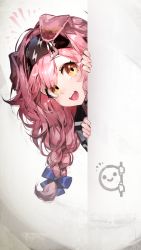 Rule 34 | 1girl, :d, ^^^, animal ears, arknights, black hairband, blush, braid, cat ears, goldenglow (arknights), hairband, highres, lightning bolt print, long hair, looking at viewer, open mouth, peeking out, pink hair, ribiadan, simple background, single braid, smile, solo, upper body, wall, white background, yellow eyes