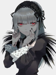 1girl, black dress, black hairband, black nails, commentary request, doll joints, dress, hairband, hands up, highres, joints, juliet sleeves, kayanogura, long hair, long sleeves, looking at viewer, nail polish, parted lips, puffy sleeves, red eyes, rozen maiden, silver hair, solo, suigintou, upper body, very long hair, wide sleeves