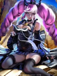 Rule 34 | 1girl, blush, braid, breast tattoo, breasts, cleavage, crown, detached sleeves, emerald-weapon, female focus, fingerless gloves, flower, flower on head, gloves, hair flower, hair ornament, heart, heart-shaped pupils, highres, horns, large breasts, licking lips, long hair, looking at viewer, master detective archives: rain code, matching hair/eyes, nail polish, panties, pink eyes, pink hair, shinigami (rain code), skindentation, solo, symbol-shaped pupils, tattoo, thick thighs, thighhighs, thighs, tongue, tongue out, twin braids, twintails, underwear, upskirt