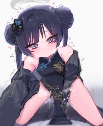 Rule 34 | 1boy, 1girl, black dress, blue archive, blush, china dress, chinese clothes, clothed sex, cowgirl position, double bun, dragon print, dress, girl on top, hair bun, halo, hetero, highres, implied sex, kisaki (blue archive), long hair, looking at viewer, nuejotman, pelvic curtain, penis, pov, purple eyes, see-through, see-through silhouette, sex, silhouette, solo focus, spread legs, straddling, white background
