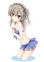 Rule 34 | 10s, 1girl, bikini, bikini skirt, black ribbon, blue bikini, breasts, brown eyes, closed mouth, commentary request, cowboy shot, double horizontal stripe, flipper, front-tie bikini top, front-tie top, girls und panzer, hair ribbon, leaning forward, light brown hair, long hair, looking at viewer, navel, ribbon, shimada arisu, side ponytail, single horizontal stripe, small breasts, smile, solo, standing, swimsuit, wading, white background