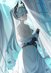 Rule 34 | 1girl, absurdres, arknights, artist name, bandaid, bandaids on nipples, belt, black belt, black gloves, blush, braid, breasts, chinese commentary, commentary request, curtains, d. joko, dress, frilled headwear, gloves, grey eyes, grey hair, high ponytail, highres, indoors, irene (arknights), irene (voyage of feathers) (arknights), looking at viewer, looking back, maid headdress, medium breasts, mixed-language commentary, ocean, open window, parted lips, pasties, scar, scar across eye, ship, simple bird, solo, sword earrings, undressing, watercraft, white dress, white headdress, window