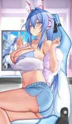 Rule 34 | 1girl, absurdres, alternate costume, animal ear headphones, animal ears, ass, azur lane, blue bra, blue eyes, blue nails, blue shorts, bra, breasts, chair, cleavage, commission, dolphin shorts, fake animal ears, from side, headphones, highres, huge breasts, indoors, long hair, looking at viewer, looking to the side, makudesu, midriff, nail polish, navel, new jersey (azur lane), picture frame, rabbit ear headphones, rabbit ears, shorts, sitting, skindentation, solo, tank top, underwear, v, very long hair, white tank top