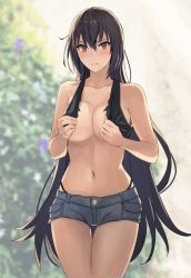 Rule 34 | 1girl, alternate costume, black hair, blue shorts, blush, breasts, brown eyes, closed mouth, collarbone, covering privates, covering breasts, cowboy shot, denim, denim shorts, frown, hair between eyes, highres, kantai collection, kasumi (skchkko), large breasts, long hair, nagato (kancolle), navel, short shorts, shorts, solo, torn clothes, very long hair